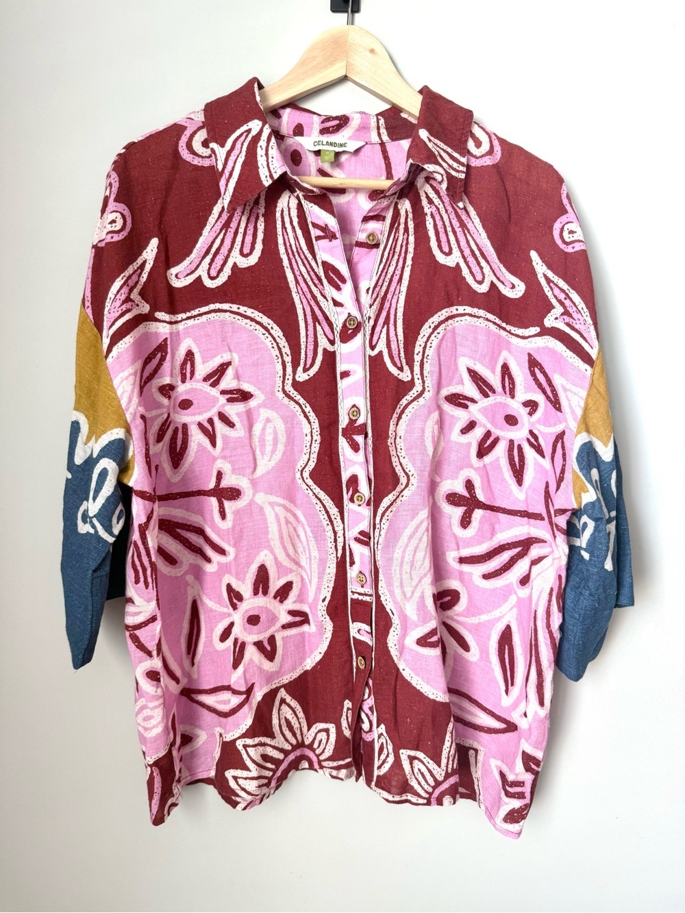 CELANDINE Anthropologie Floral Button-Up Linen Blend Bohemian Shirt